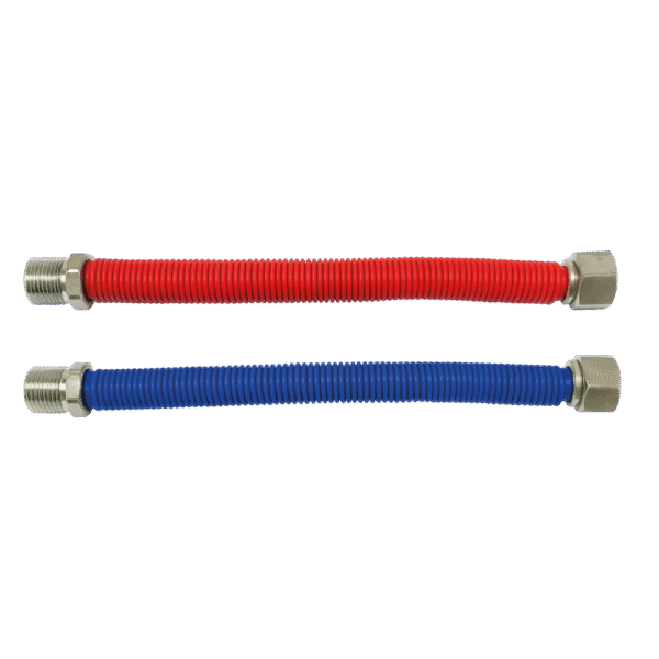 KIT FLEXIBLE EXTENSIBLE FM 3/4' 25-50CM AC INOX CUBIERTA PVC ROJO -AZUL DE CALE FACCIÓN P. MAX 6 BAR